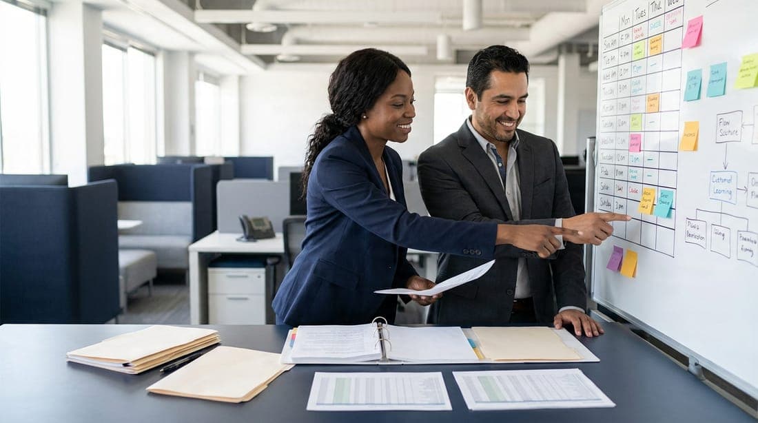 Two program coordinators reviewing project documents at a planning board in a modern office