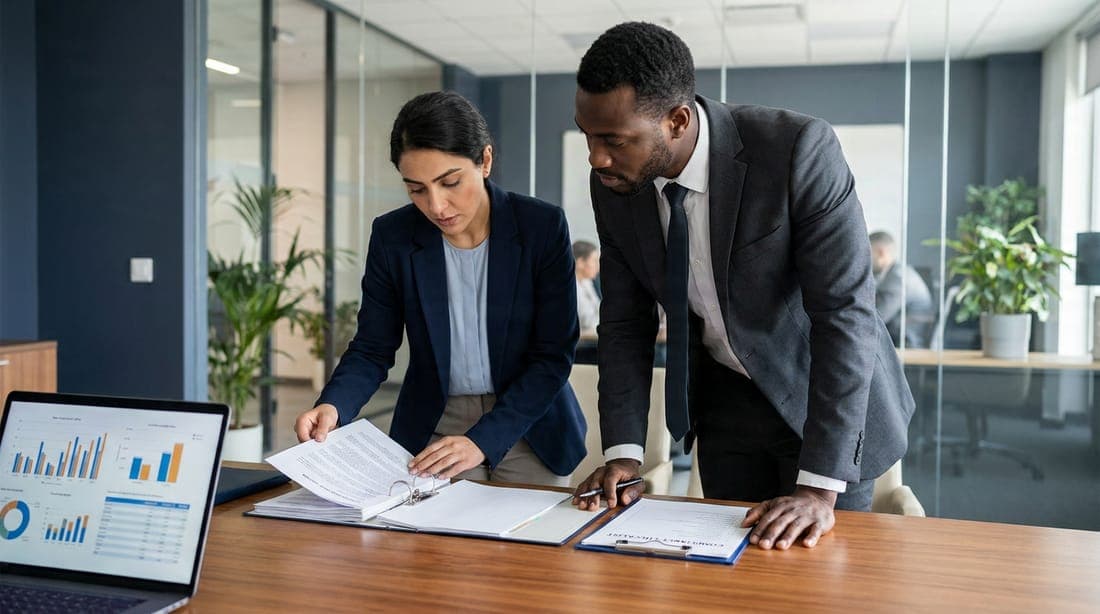 Two managers reviewing compliance and contract documents with performance charts on a laptop
