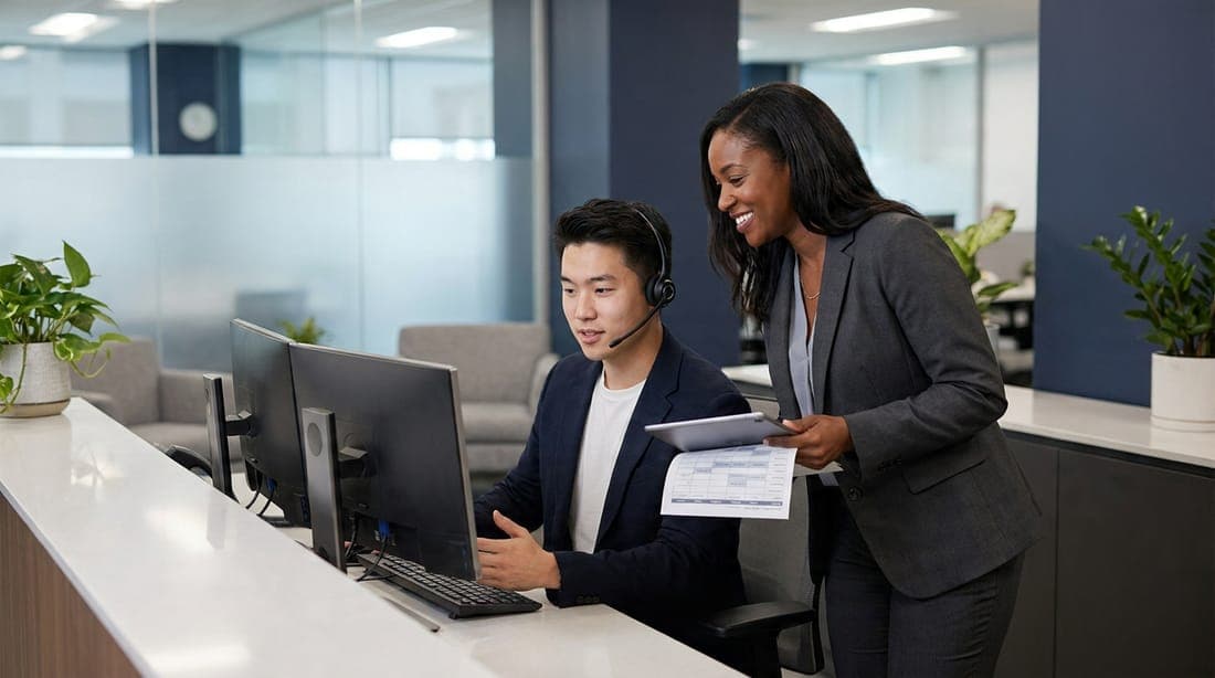 Customer-support staff member with a headset assisting at a help desk beside a supervisor reviewing a schedule